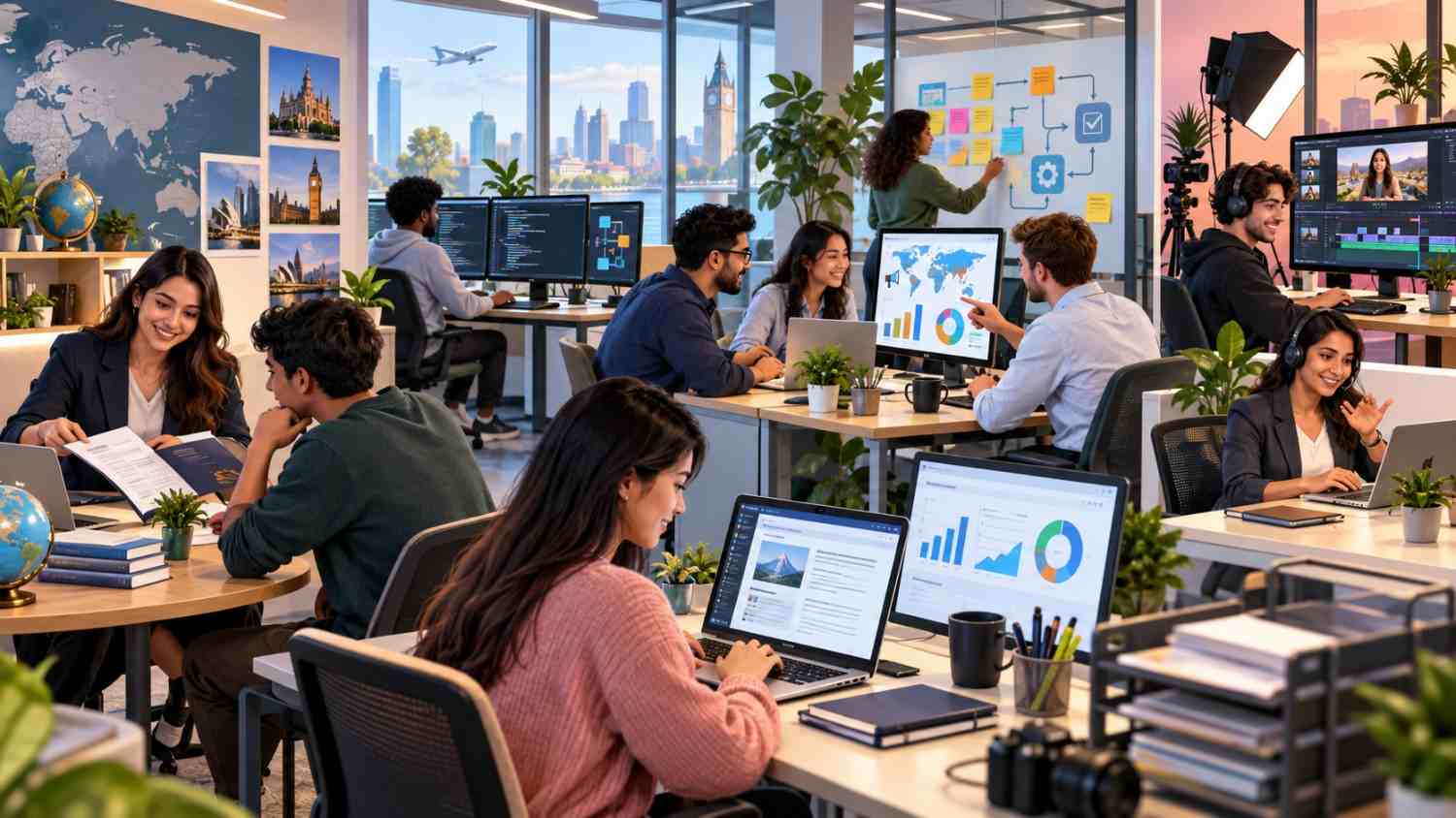 MiM-Essay team members working across admissions consulting, content, marketing, sales, operations, technology, and video production in a modern office.